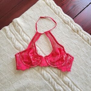 Victoria's Secret Dream Angels Demi Halter Choker Fishnet/Lace Bra size 32B Red